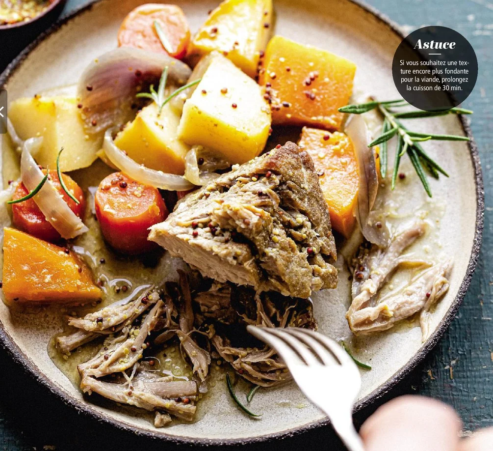 Effiloché de porcs à la moutarde et aux légumes rôtis